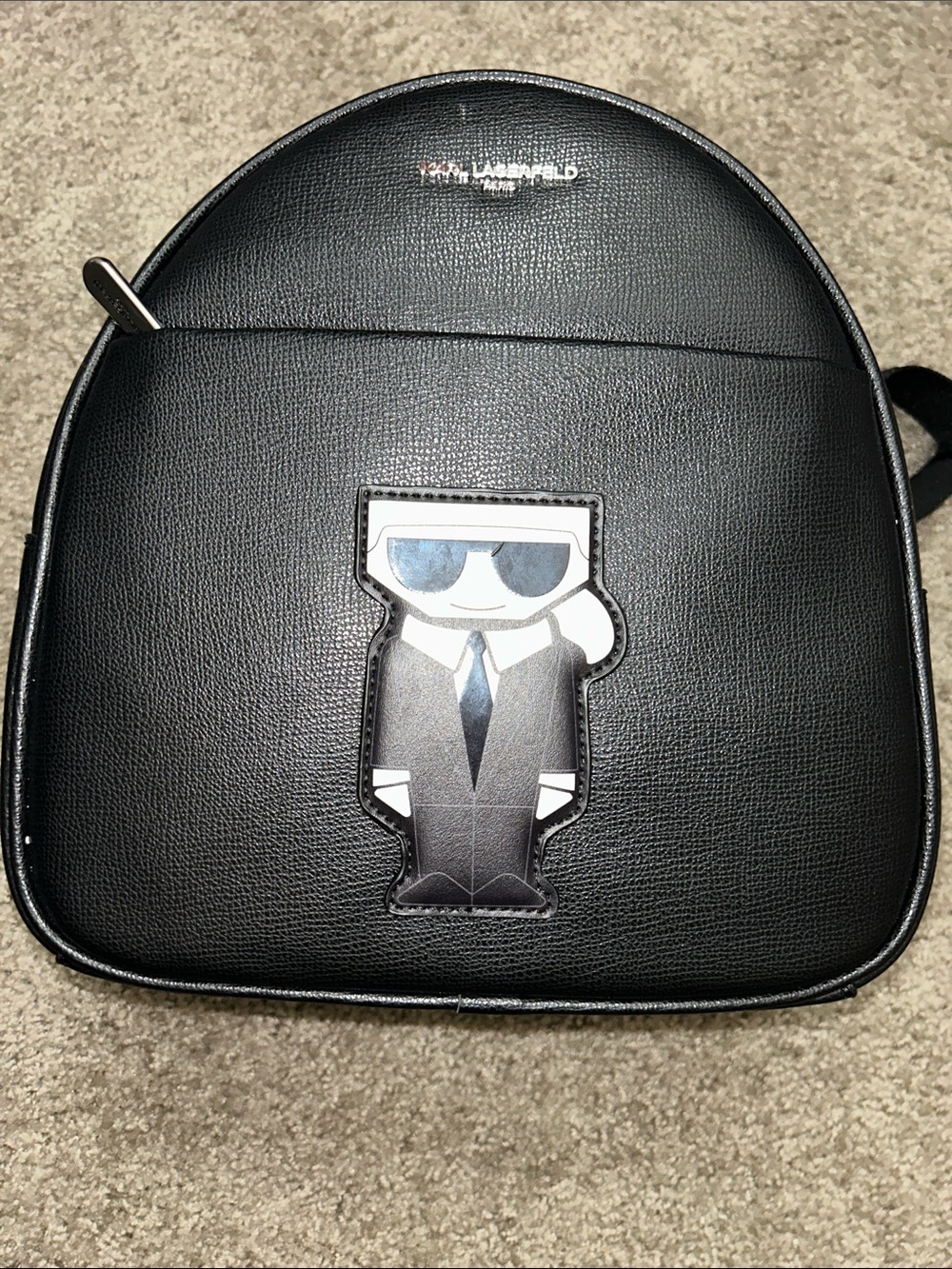 Karl Lagerfeld Black Leather Backpack with Iconic Character Appliqué